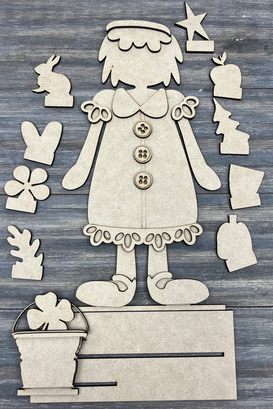 Primitive Girl Doll Interchangeable Shelf Sitter