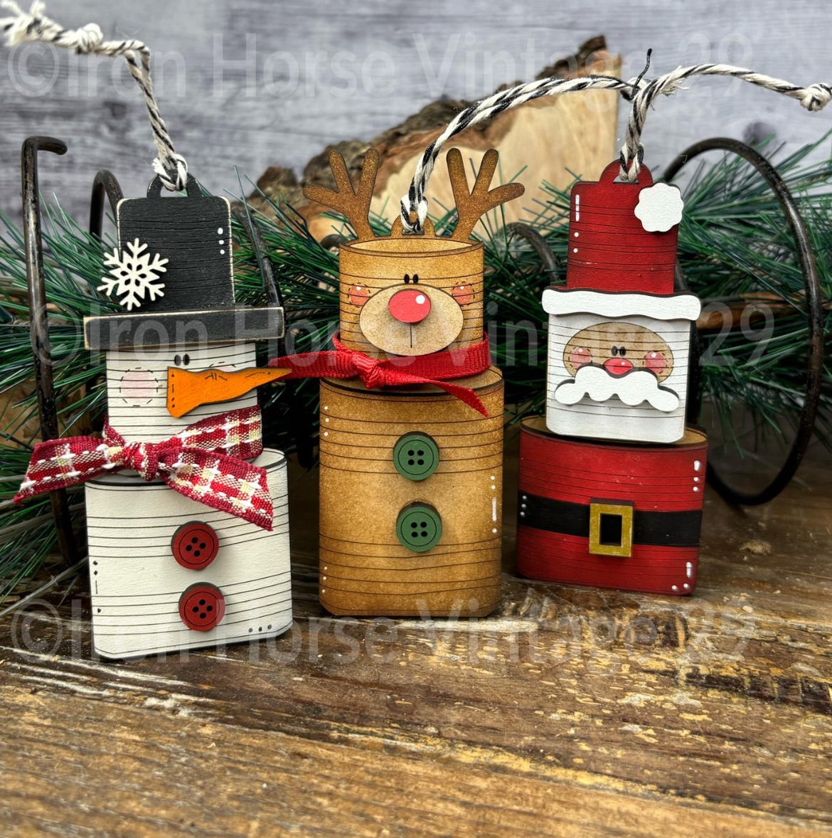 TIN CAN SNOWMAN, REINDEER AND SANTA ORNAMENTS